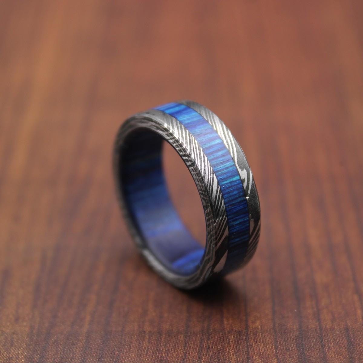 Damascus Steel & Wood Wedding Ring: Handmade Engagement Band
