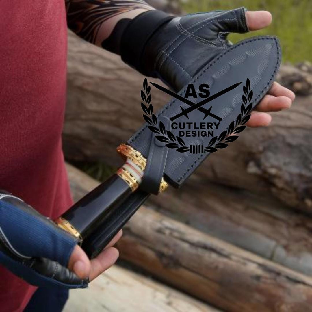 Fear damascus fixed blade hunting knife with bull horn & brass handle