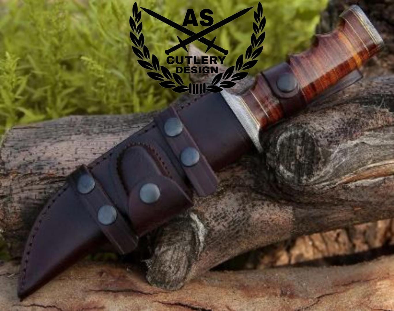 Flux hunting Bowie damascus knife with stacked leather handle