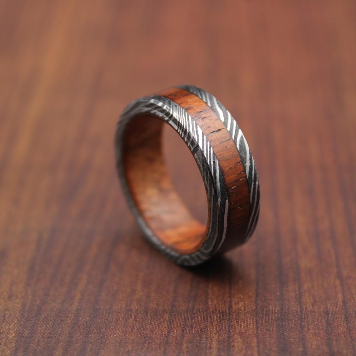 Damascus Steel Wedding Ring Whiskey Barrel & Blue Wood Inlay Men's Band
