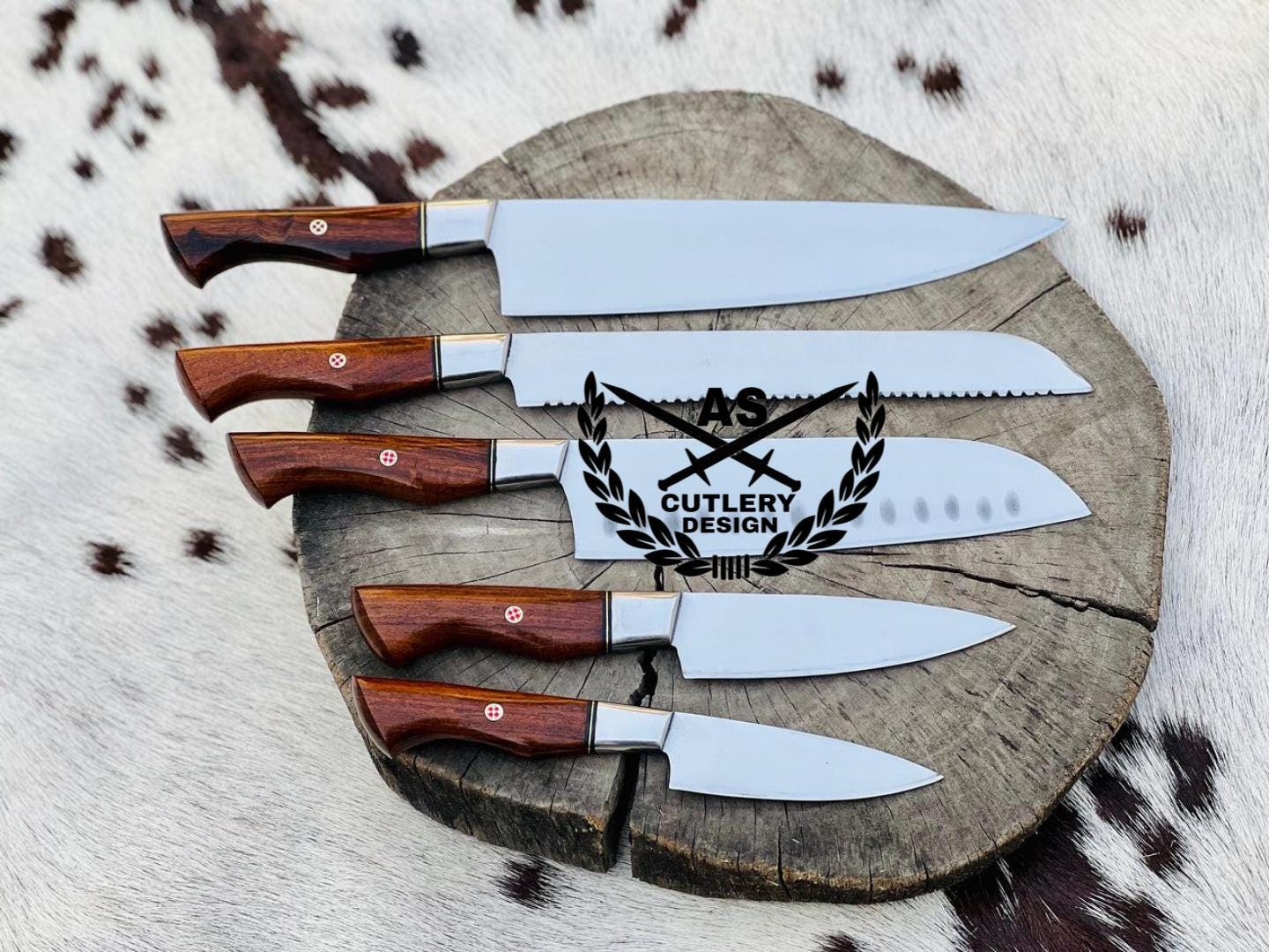 Elegant 5-Piece Stainless Steel Kitchen Knives Set in Rosewood - Handcrafted to Perfection