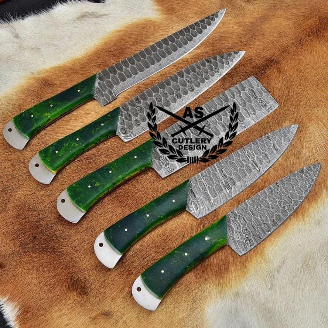 Custom Handmade Damascus Knife Set Kitchen - 5 Pieces