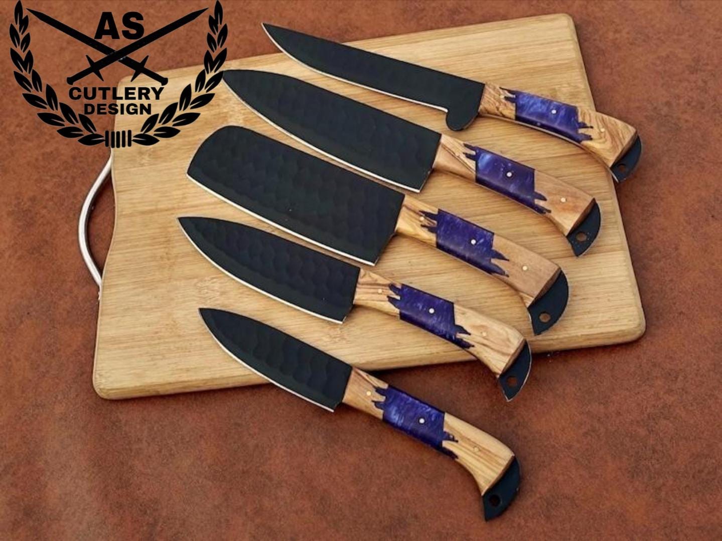 Custom Hand Forged Damascus Steel Chef Kitchen Knife Set With Leather Sheath Bag