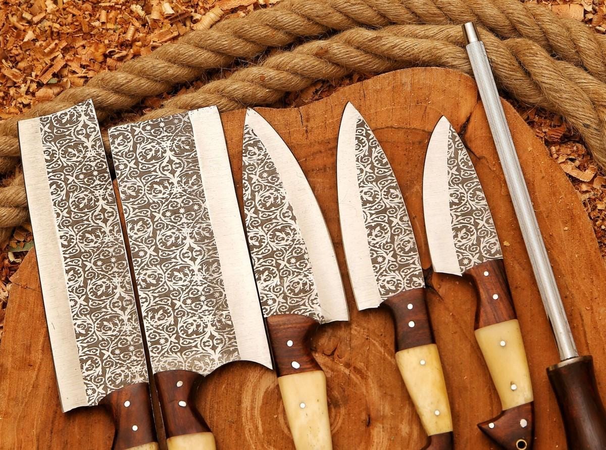 Handmade Etched Stainless Steel Chef Knife Set: Bone Handle, Leather Sheath