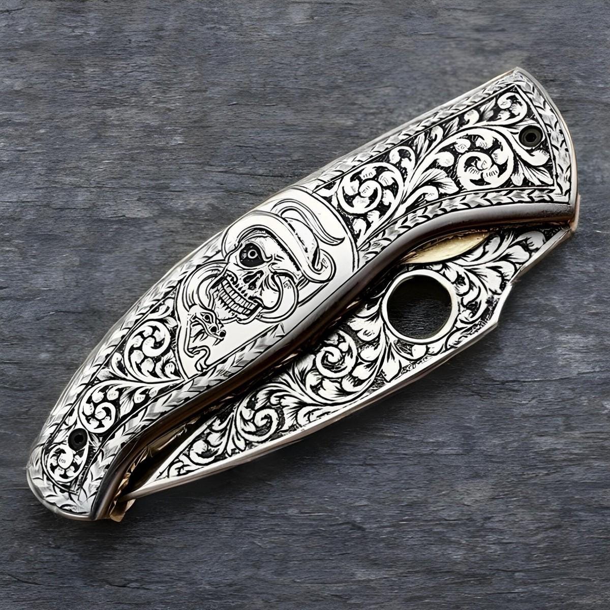 Custom Handmade Stainless Steel Folding Pocket Knife Full Engraved With skull