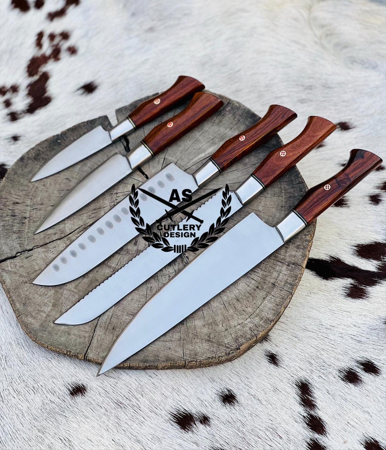 Elegant 5-Piece Stainless Steel Kitchen Knives Set in Rosewood - Handcrafted to Perfection