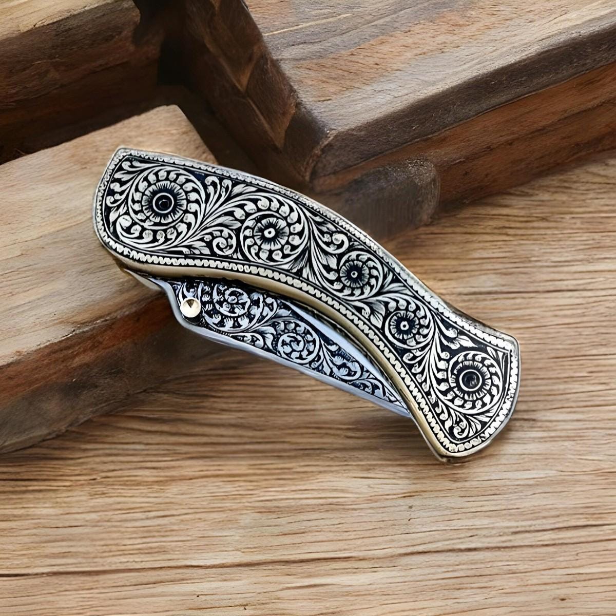 Custom Handmade Stainless Steel Folding Pocket Knife Full Engraved With Sheath