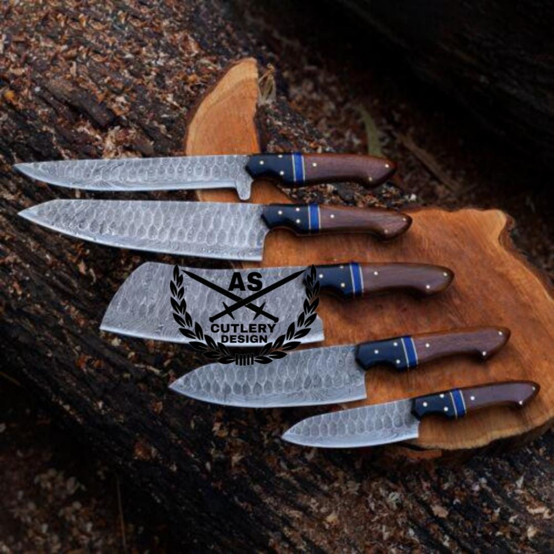 Custom Handmade Damascus Steel Knife Set with Rosewood