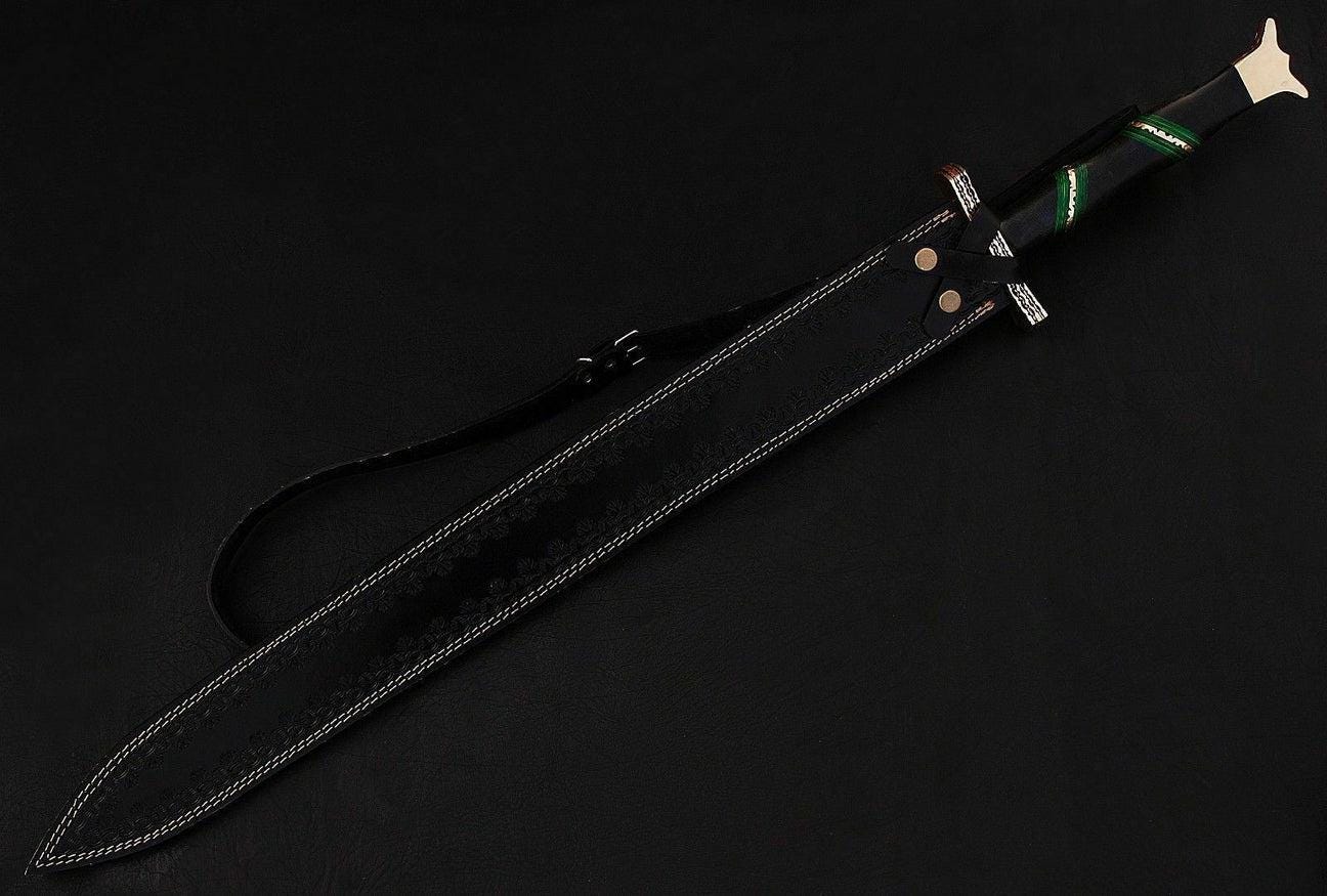Custom handmade damascus steel sword 30” with leather sheath