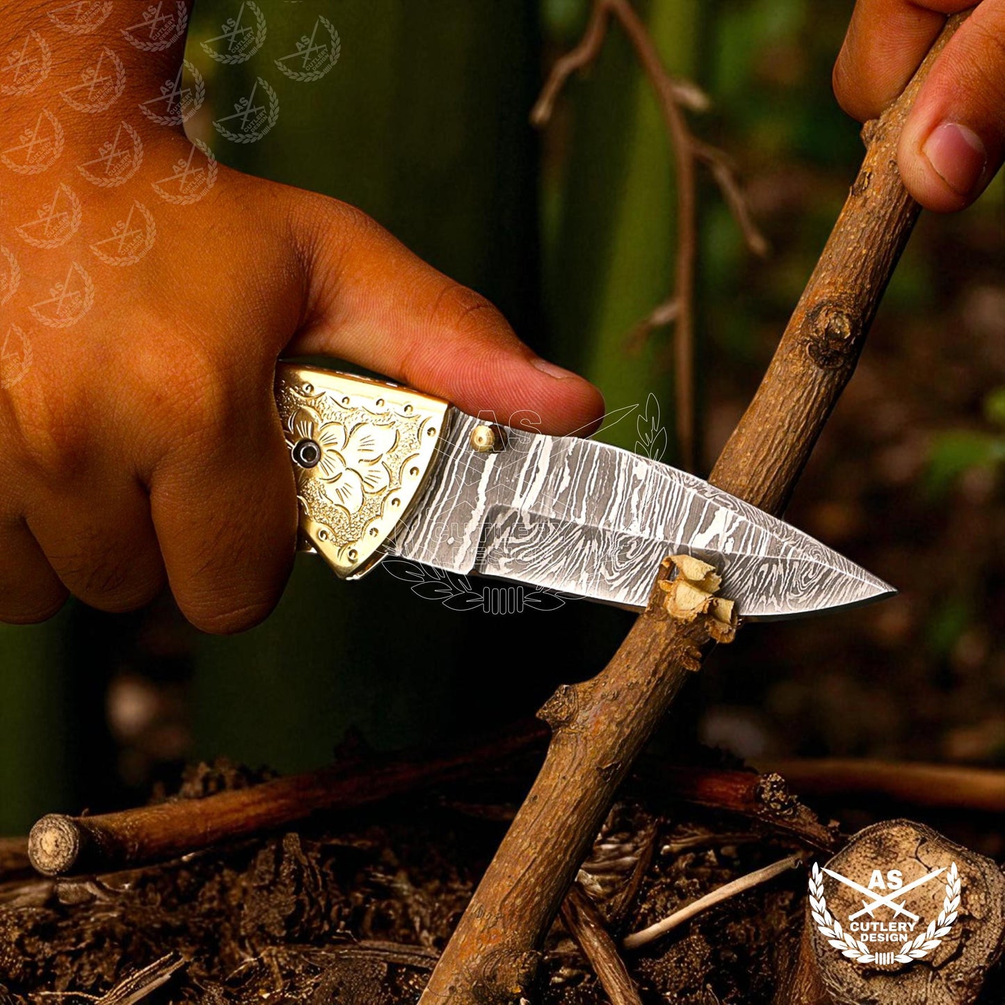 Custom handmade damascus pocket knife with engraved copper handle