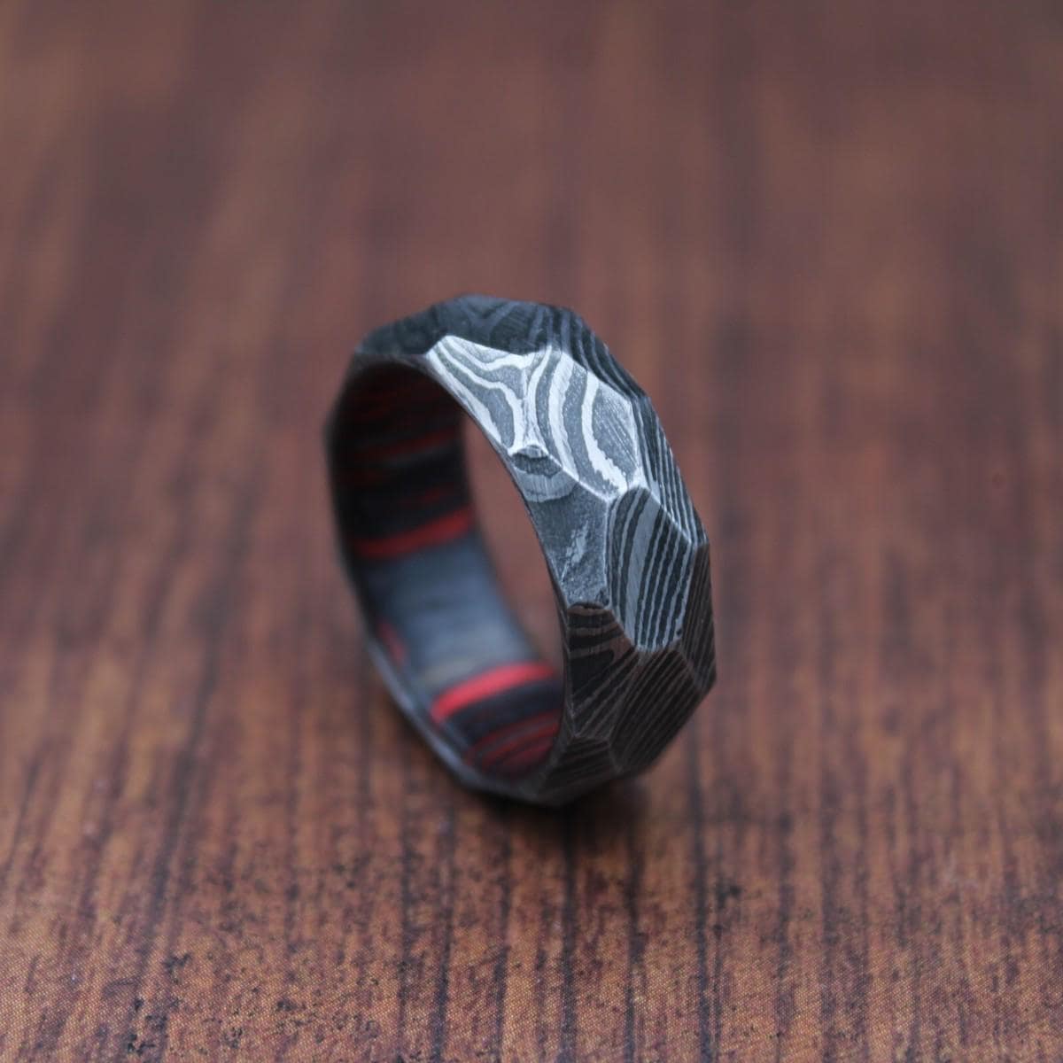 Damascus Whiskey Barrel Hammered Ring, Mens Damascus Steel Wood Wedding Band