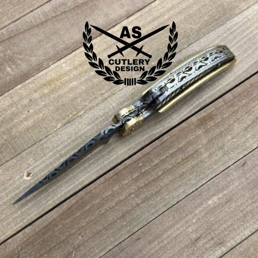 Handmade personlized damascus folding hunting knife with damascus handle