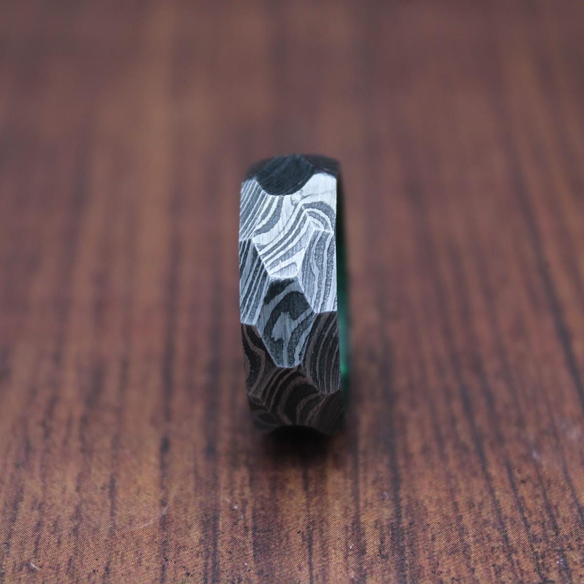 Damascus Steel & Whiskey Barrel Wood Ring - Hammered Wedding Band