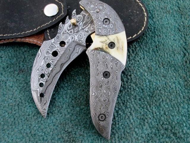 Handmade Folding Knife , Custom Hand Forged Damascus Steel EDC Pocket Knife