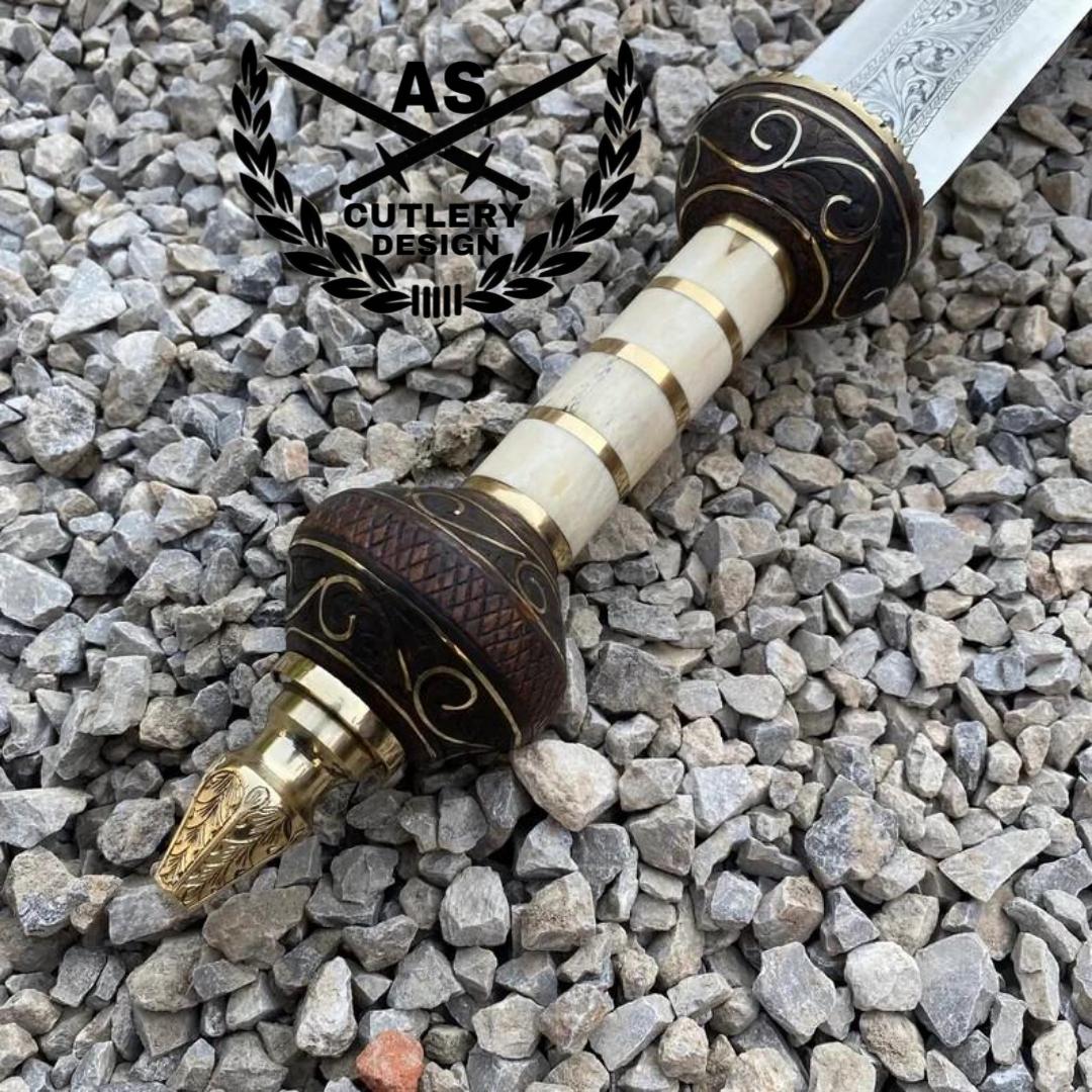 Handmade Engraved Gladius Sword: D2 Steel Blade, Rosewood & Camel Bone Handle