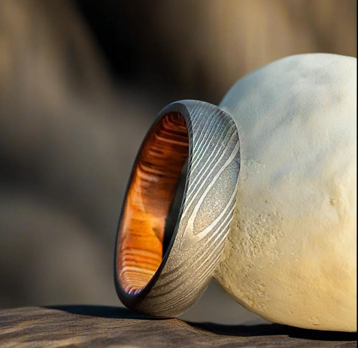 Damascus Steel & Whiskey Barrel Ring: Handmade Wedding Band