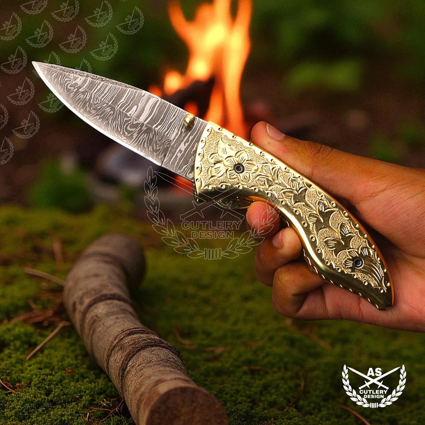 Custom handmade damascus pocket knife with engraved copper handle