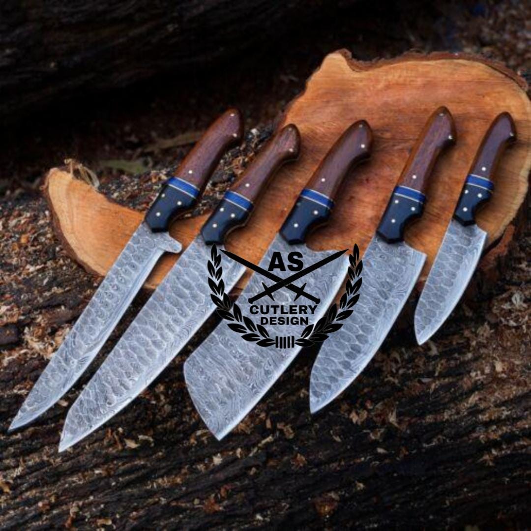 Custom Handmade Damascus Steel Knife Set with Rosewood