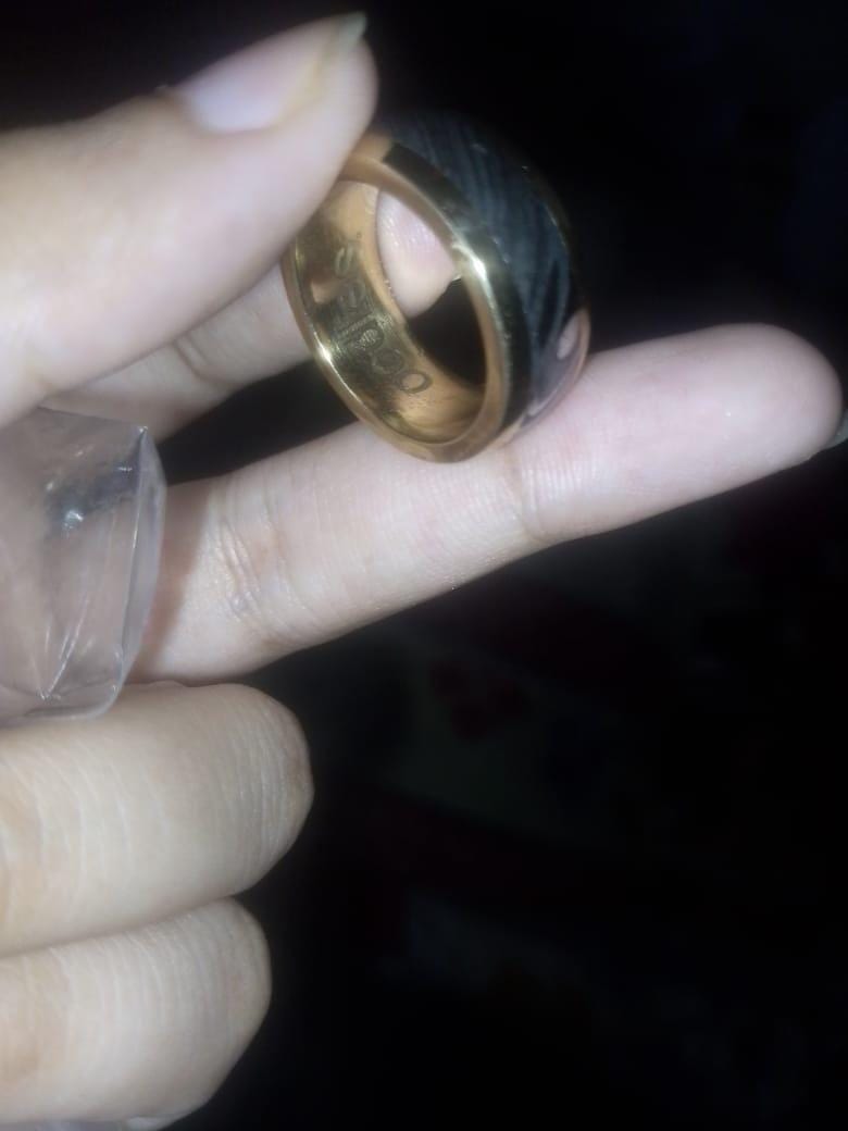 Crown Damascus wedding ring band with brass inlay