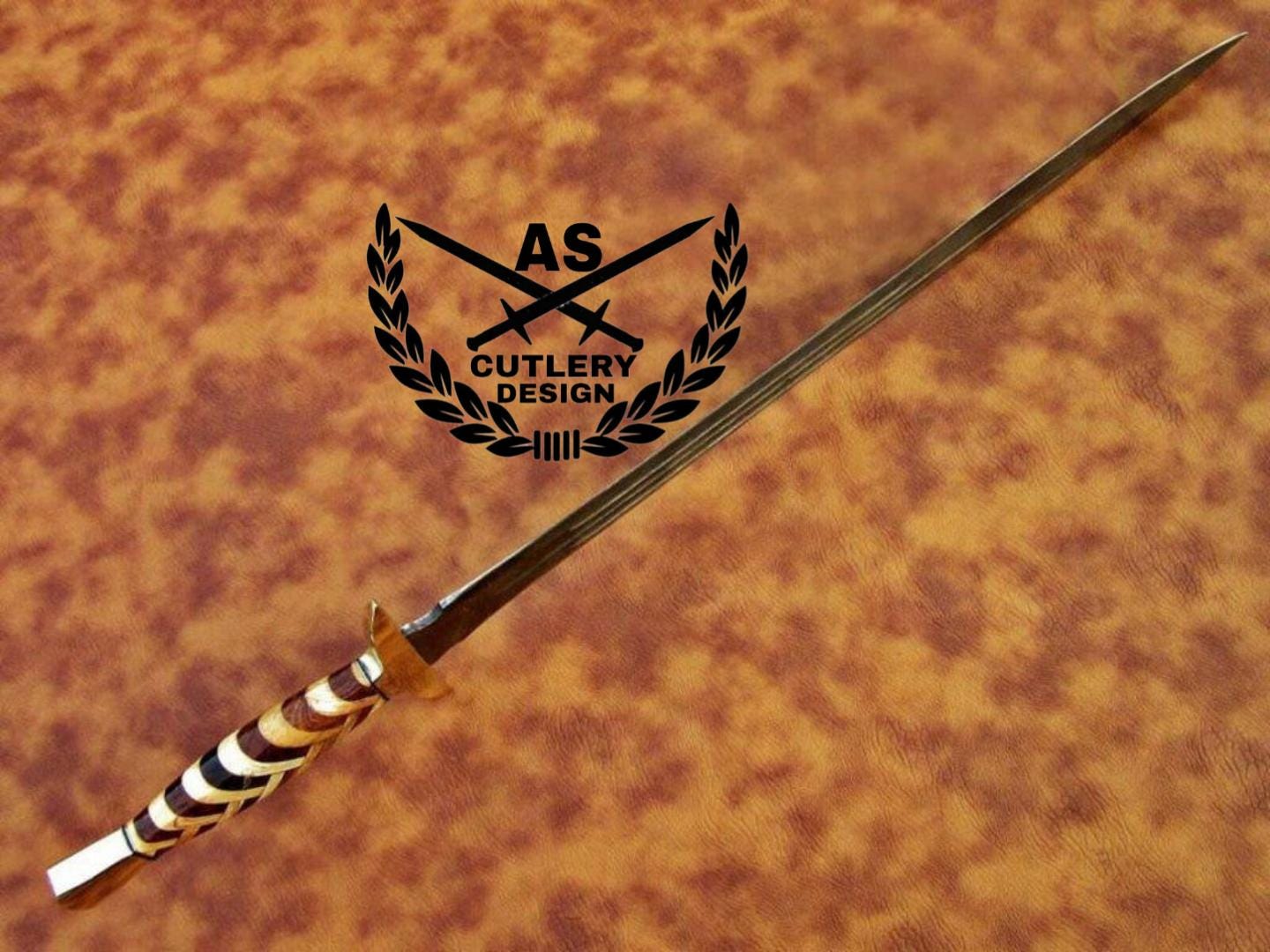 Custom Handmade Damascus Steel Sword & Leather Sheath” Natural Wood Handle