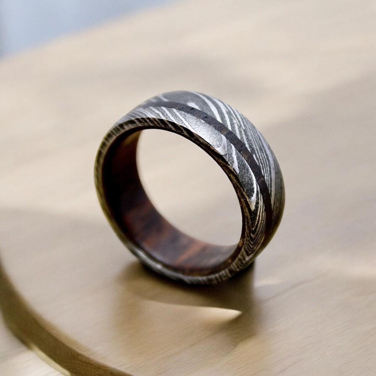 Handmade Damascus Steel & Wood Inlay Ring: Rustic Wedding Band