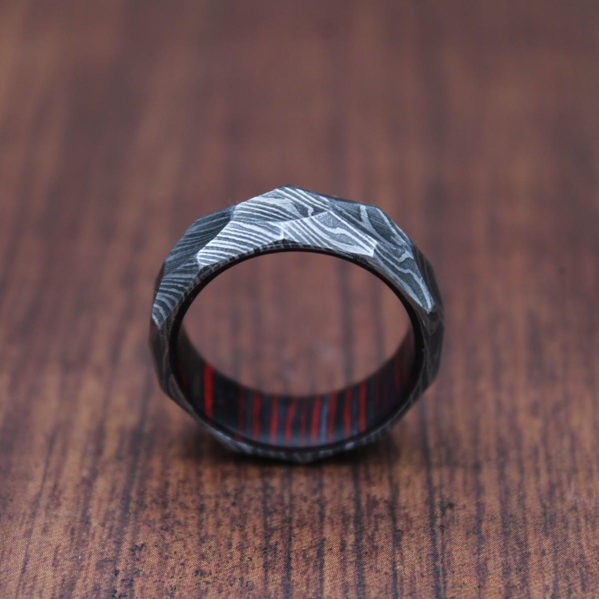 Damascus Whiskey Barrel Hammered Ring, Mens Damascus Steel Wood Wedding Band