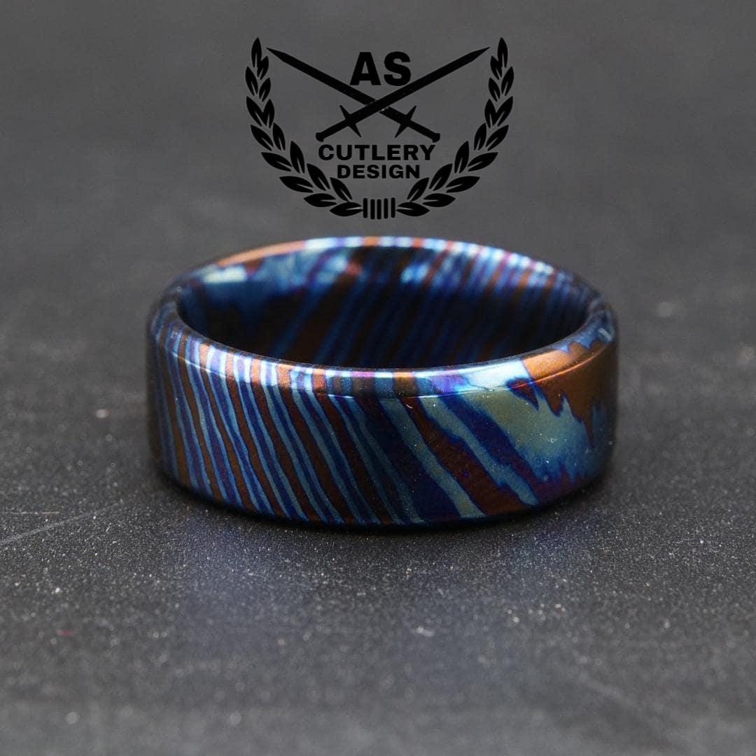 Custom made flat hammered Timascus titanium handmade engagement ring