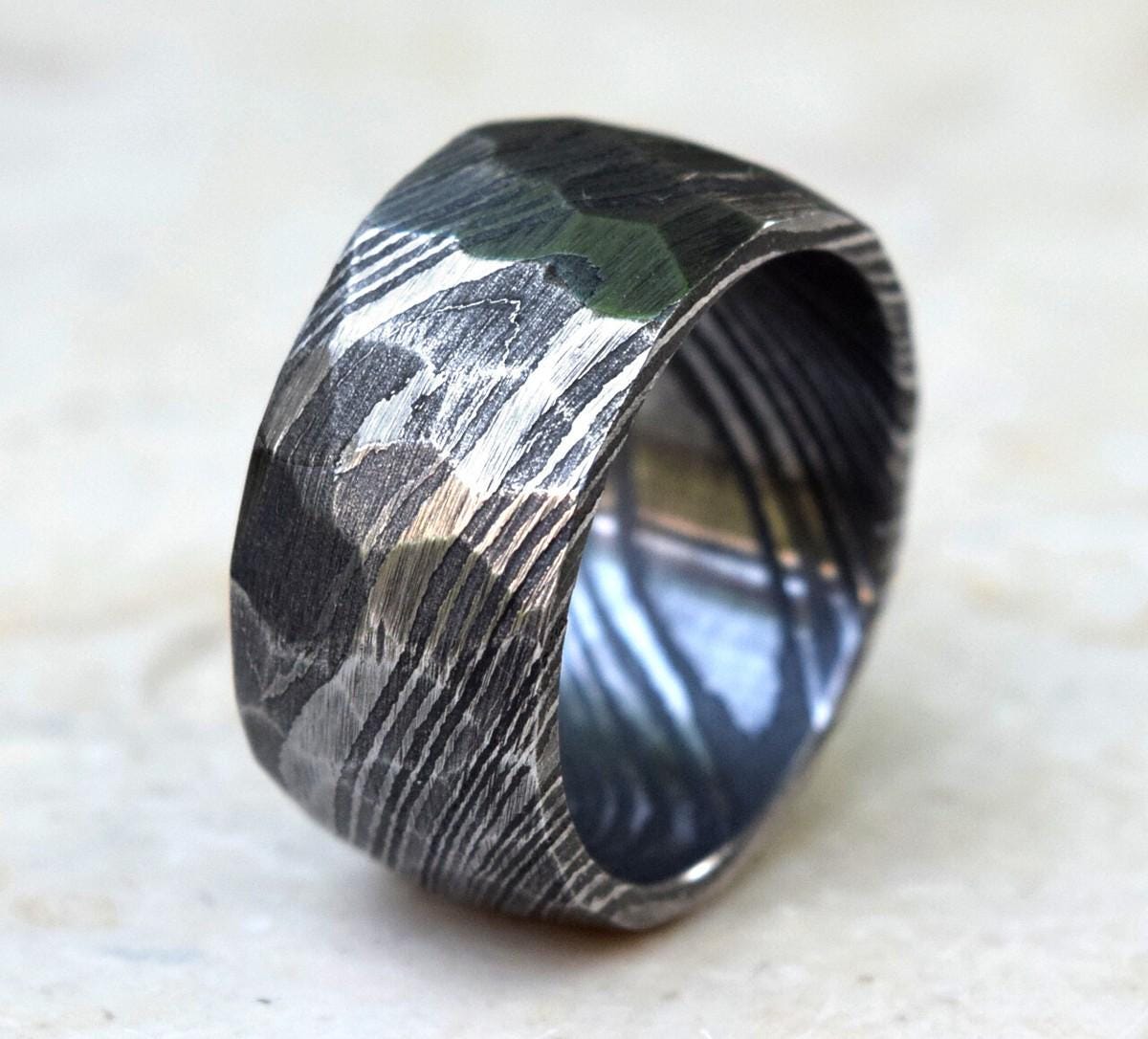 Hand Forged Damascus Steel Ring: 12mm Hammered Band, Mens Gift