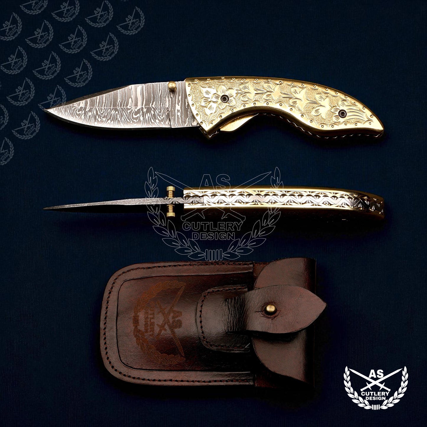 Custom handmade damascus pocket knife with engraved copper handle