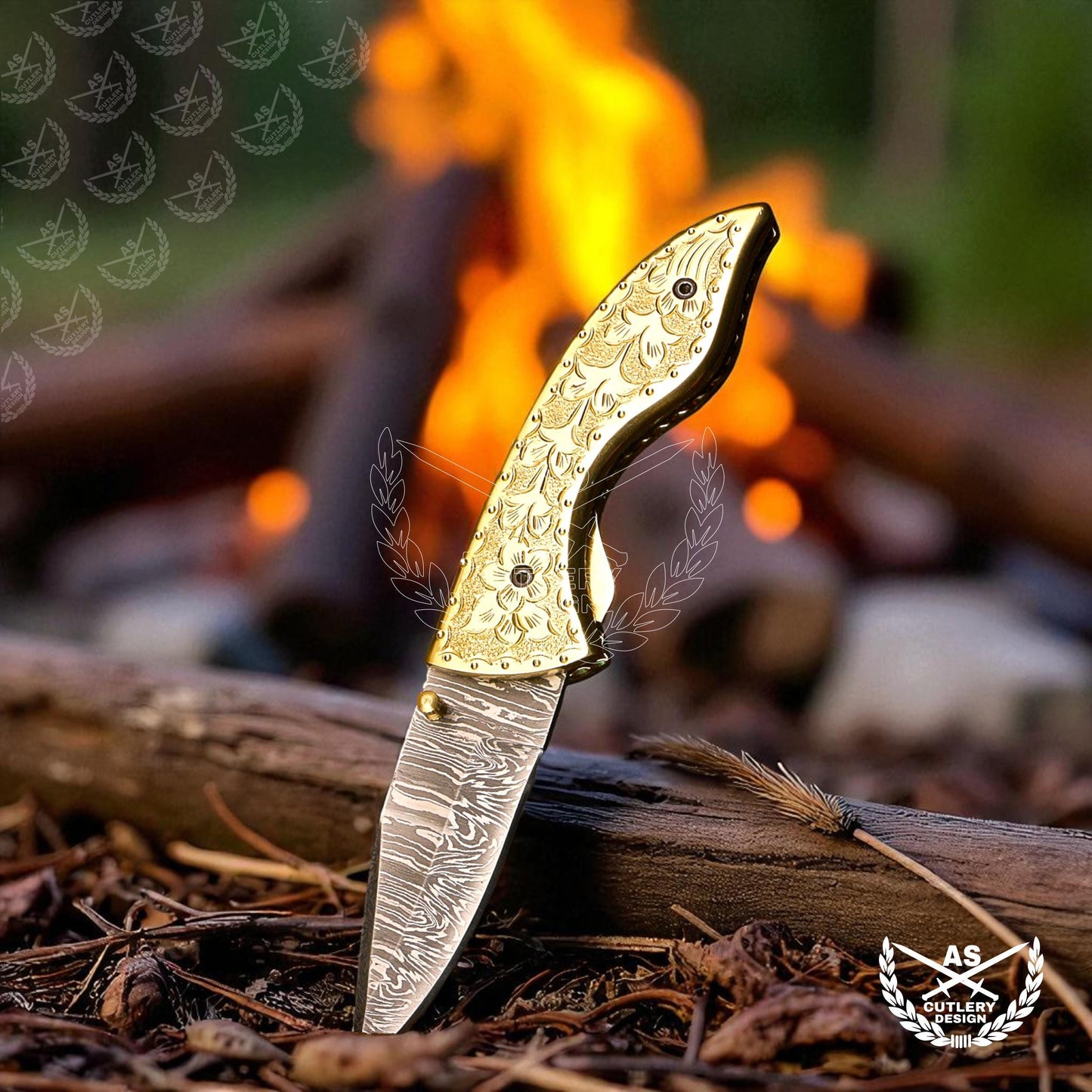 Custom handmade damascus pocket knife with engraved copper handle