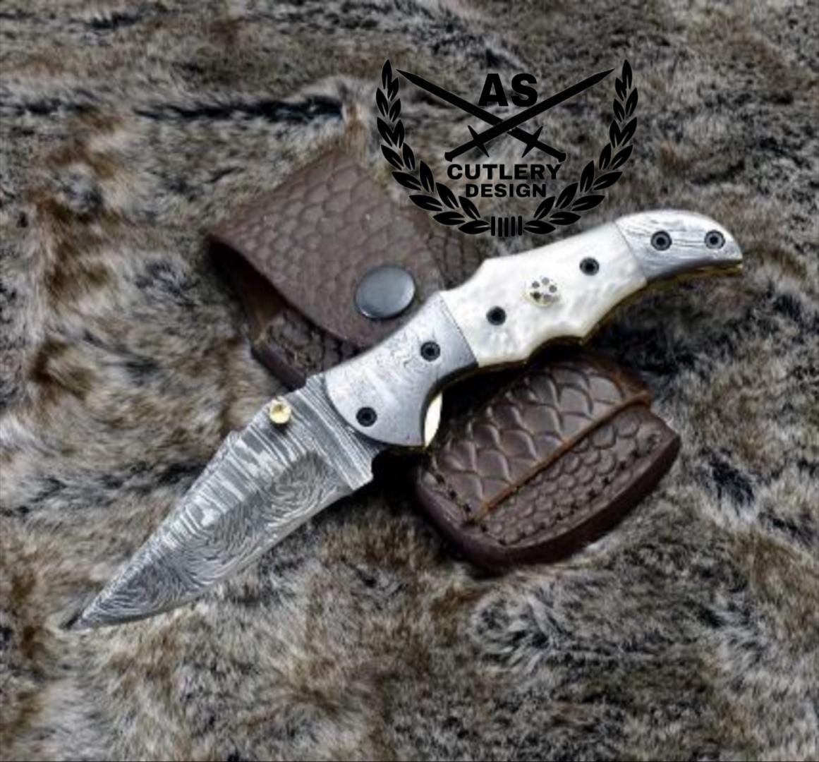 Damascus Folding Knife: Pearl Handle, Leather Sheath & Sharpener