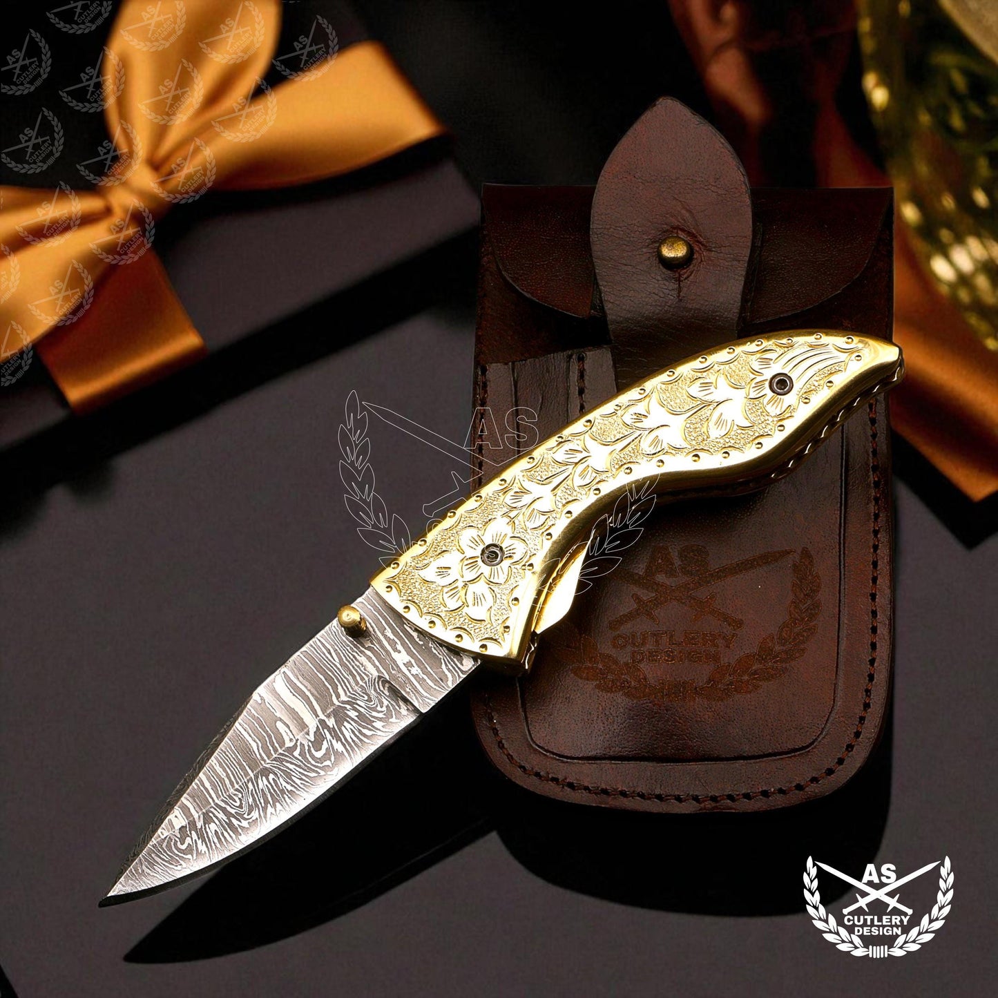 Custom handmade damascus pocket knife with engraved copper handle
