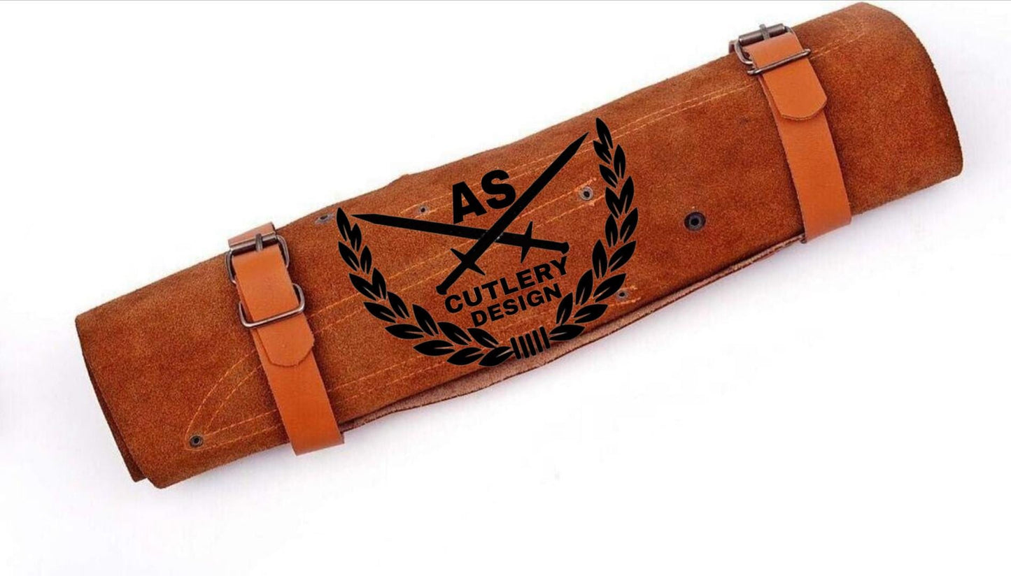 Custom made damascus steel kitchen/chef's knife set with leather roll bag