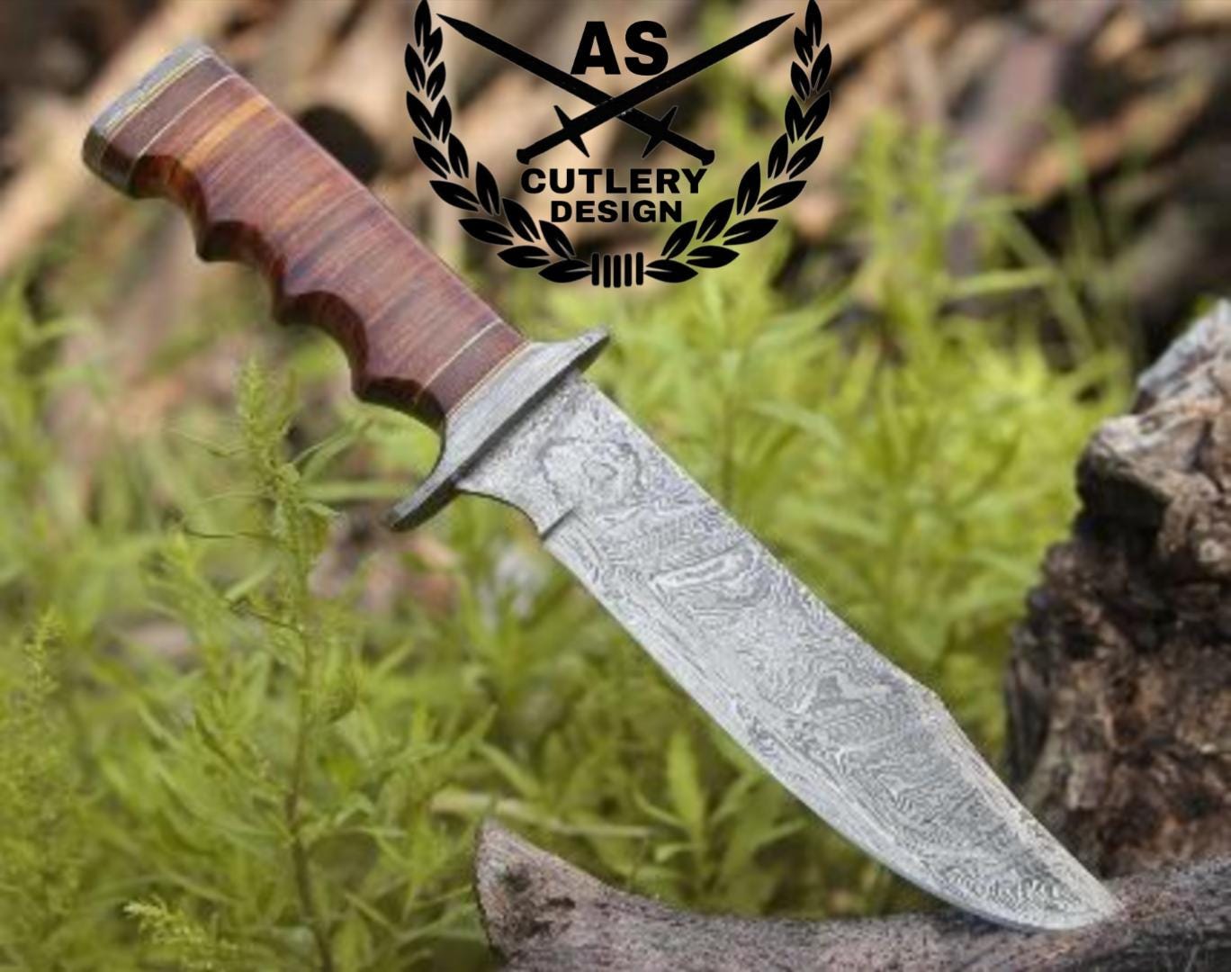 Flux hunting Bowie damascus knife with stacked leather handle