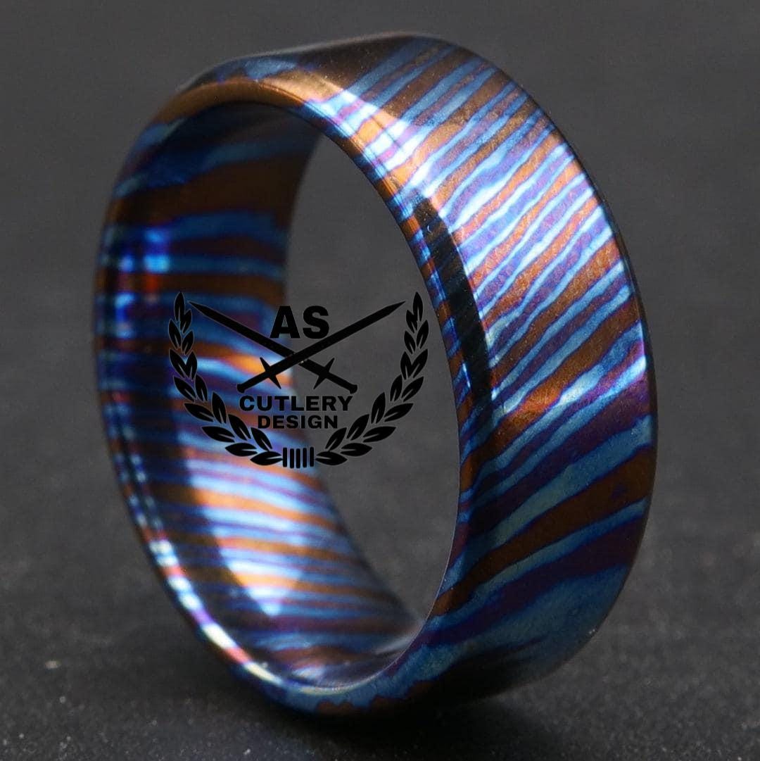 Custom made flat hammered Timascus titanium handmade engagement ring