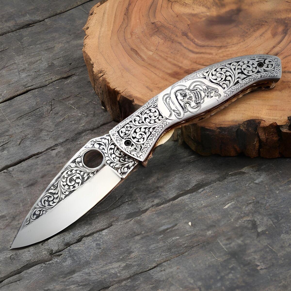 Custom Handmade Stainless Steel Folding Pocket Knife Full Engraved With skull