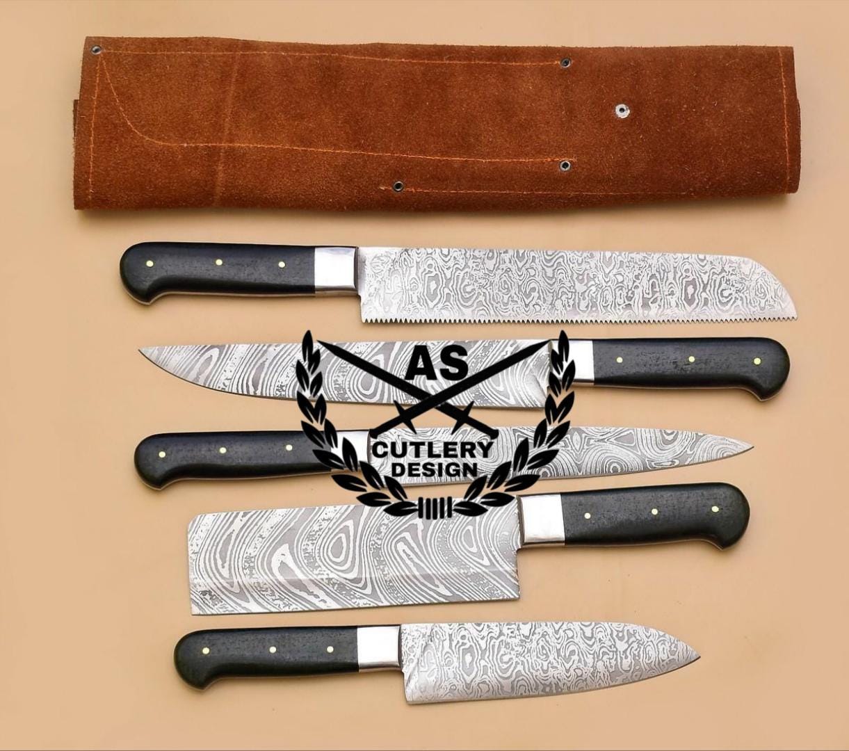 Handmade Damascus Steel Chef Knife Set: Dollar Wood Handle, Roll Bag