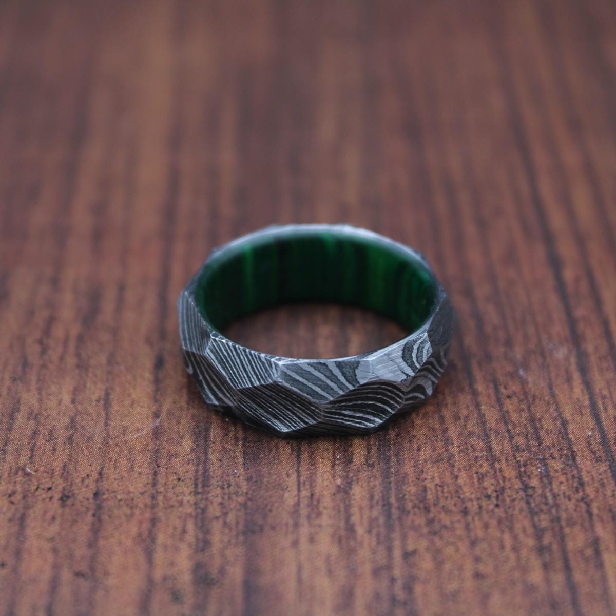 Damascus Steel & Whiskey Barrel Wood Ring - Hammered Wedding Band