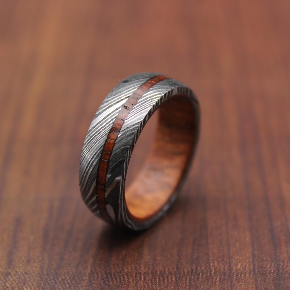 Damascus Steel & Pakkawood Ring: Handmade Wood Inlay Wedding Band