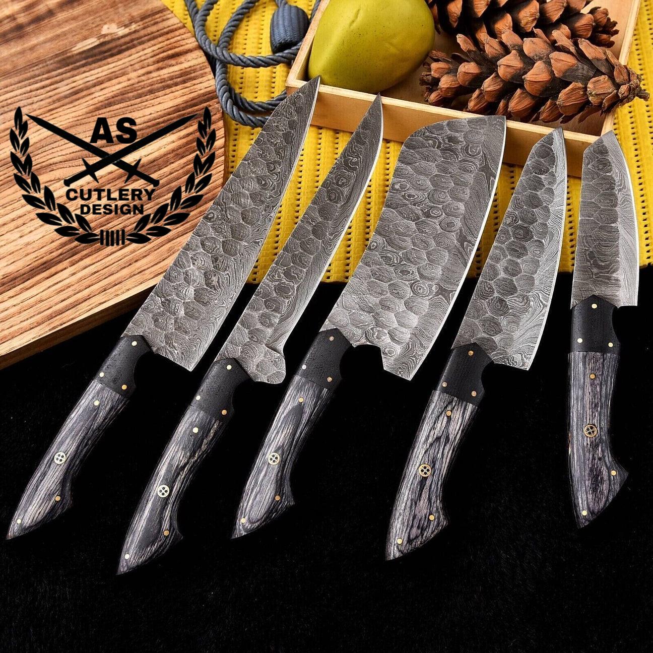 Custom Handmade Damascus Knife Set with Leather Roll bag