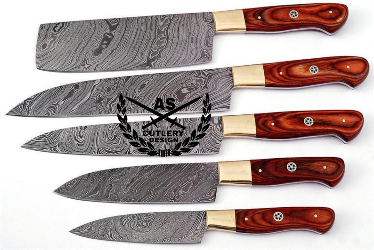 Custom handmade damascus kitchen knives set 5” with leather bag