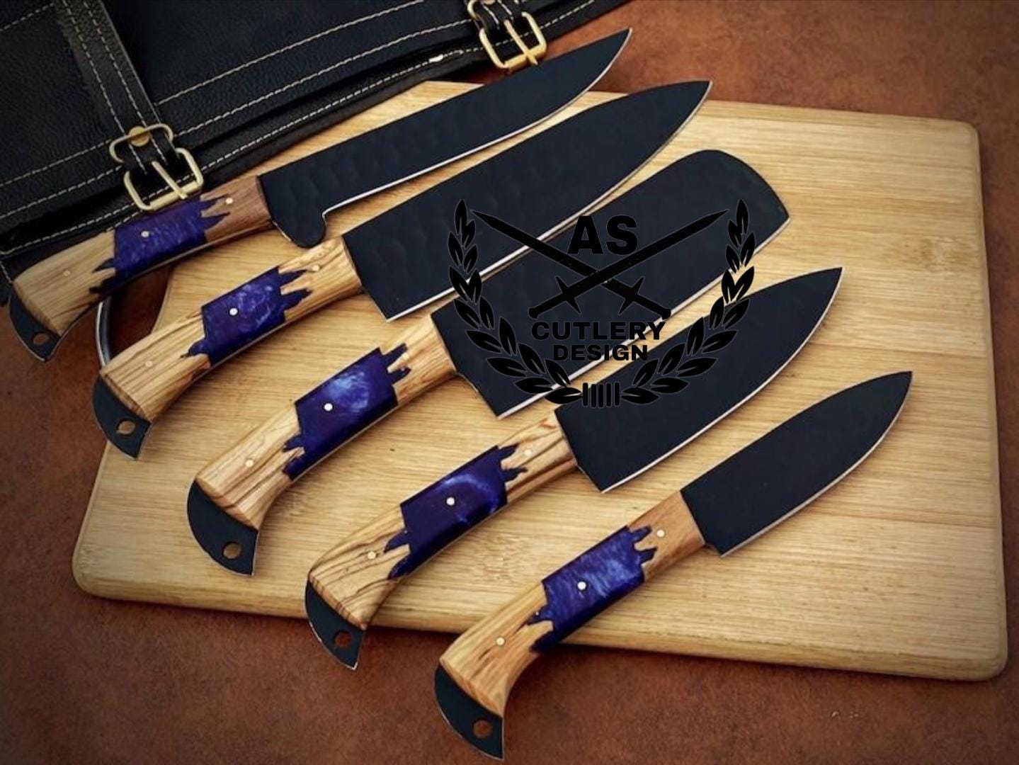 Custom Hand Forged Damascus Steel Chef Kitchen Knife Set With Leather Sheath Bag