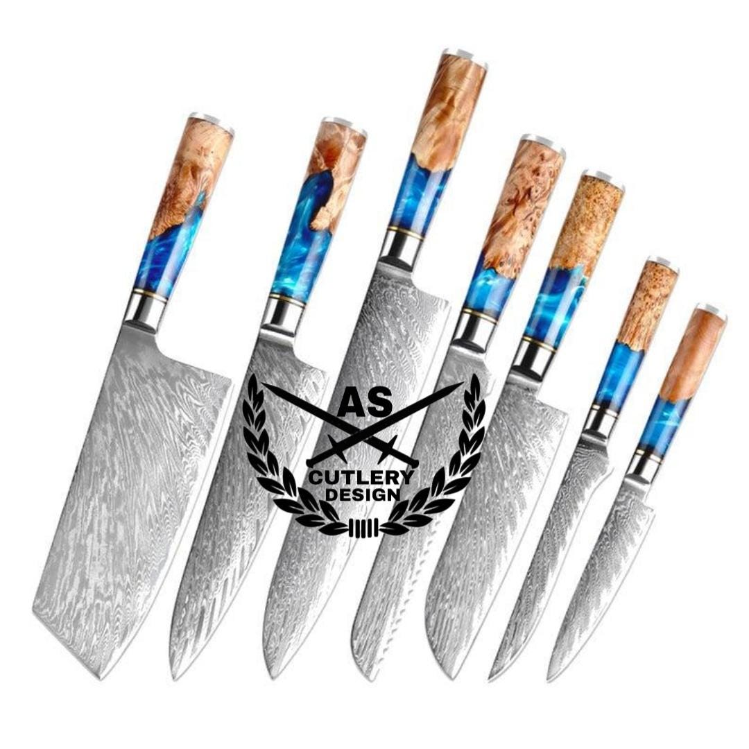 Custom handmade damascus kitchen knives set with leather bag