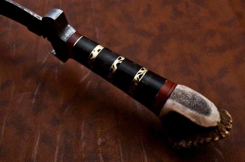 Handmade Damascus Kukri Knife – Stag & Buffalo Horn Handle with Leather Sheat