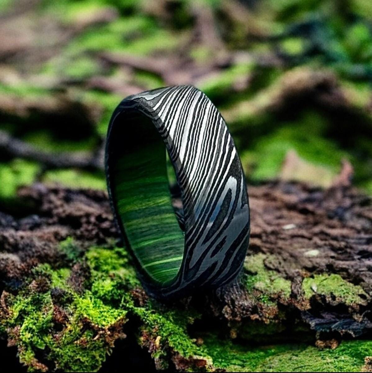 Damascus Steel & Whiskey Barrel Wood Ring - Handmade Wedding Band