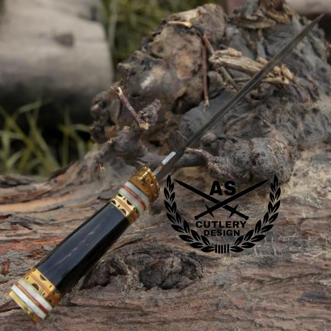 Fear damascus fixed blade hunting knife with bull horn & brass handle