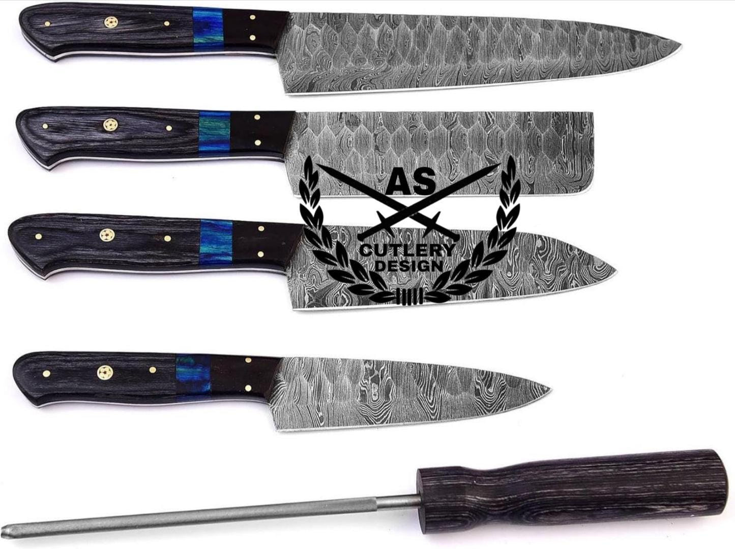 Custom Handmade Damascus Kitchen Knife Set with Sharpener