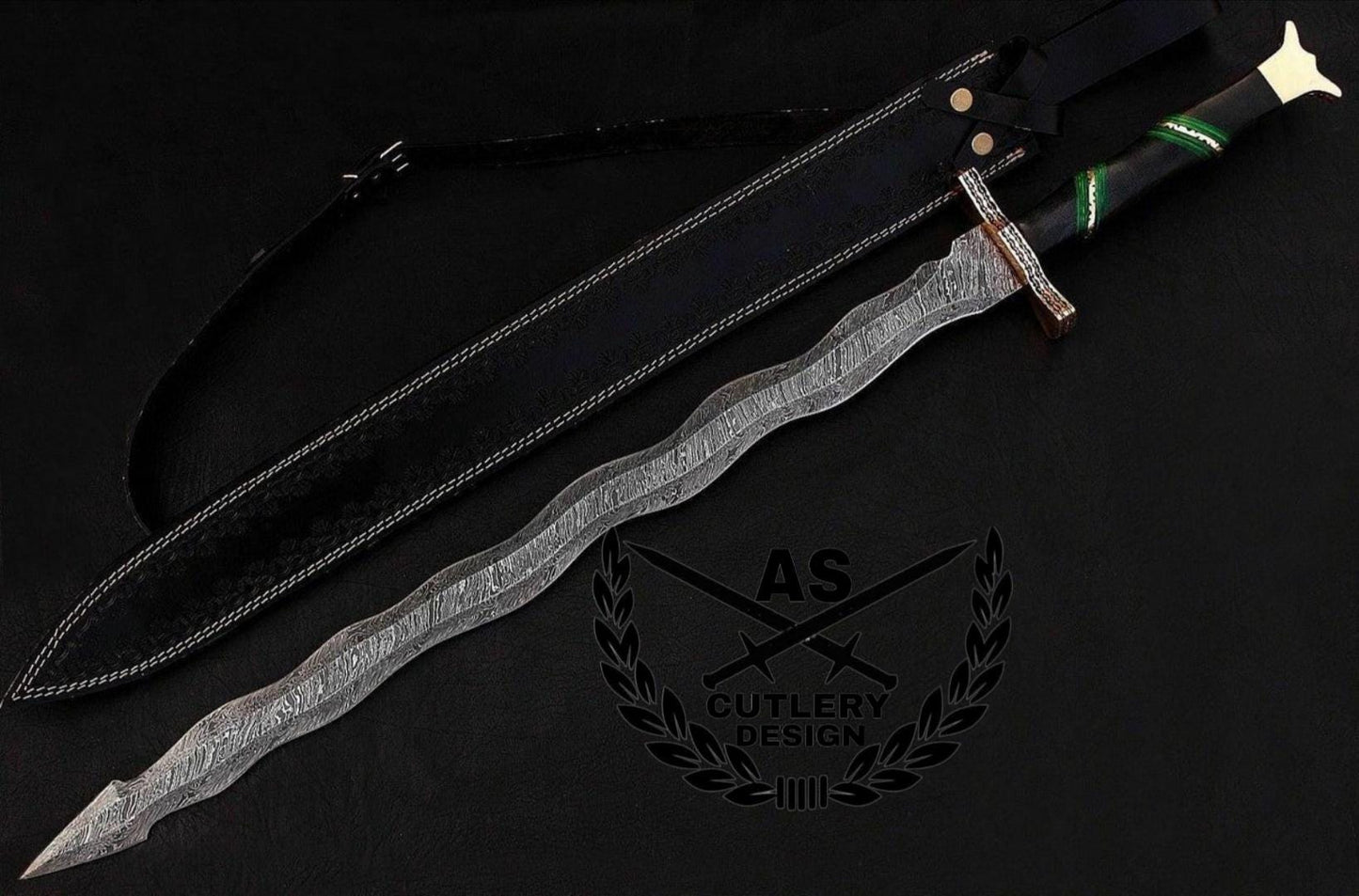 Custom handmade damascus steel sword 30” with leather sheath