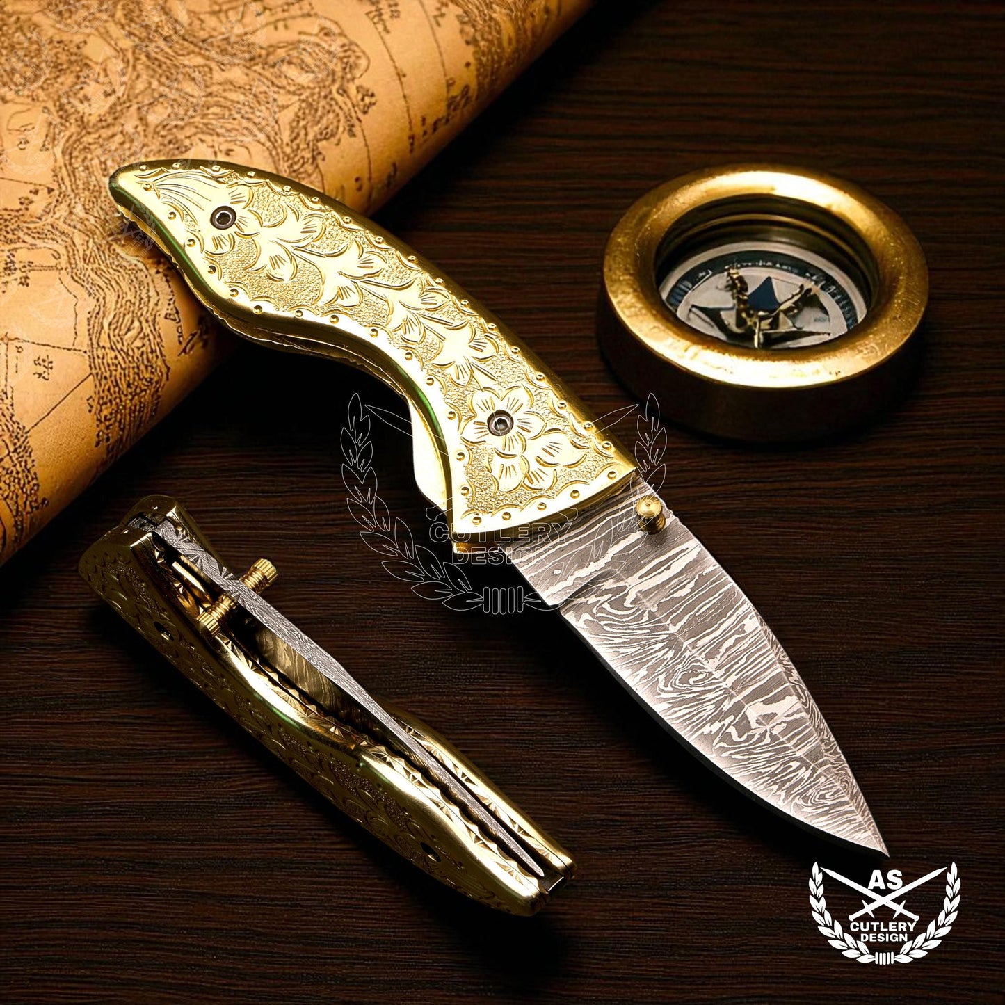 Custom handmade damascus pocket knife with engraved copper handle