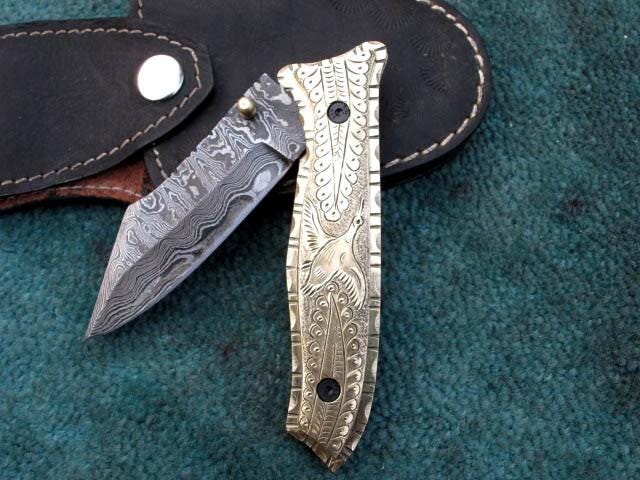 Handmade Damascus Folding Knife Custom Made Pocket Knife With Leather Sheath